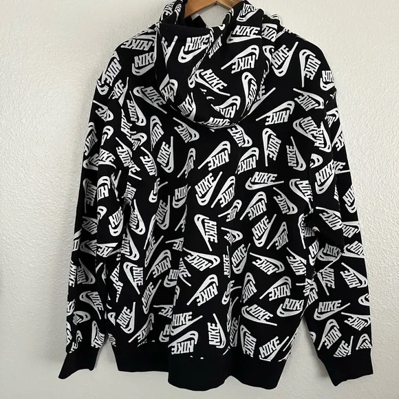 Nike Club Fleece All Over Print Swoosh Hoodie Black - Picture 3 of 6